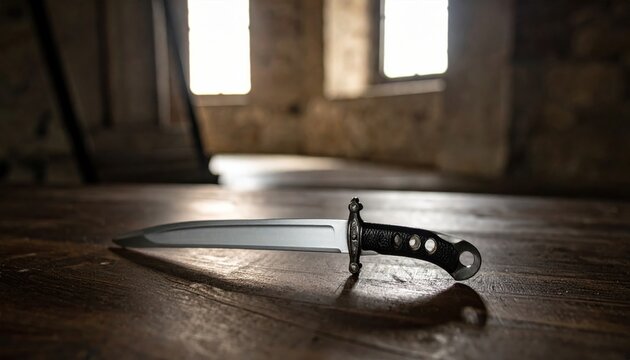 A sharp steel rondel dagger with a slim needle like blade and circular guards resting on a dark rustic wooden table, cinematic wide shot of a medieval weapon in a dimly lit stone castle room.