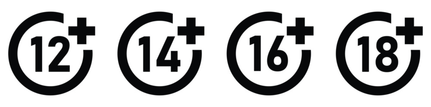 Set of universal black age restriction icons including twelve plus fourteen plus sixteen plus and eighteenplus ratings