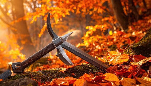 Ancient sharp halberd blade with combined axe head and top spike resting on a bed of fallen autumn leaves in a cinematic golden forest, showcasing detailed medieval weaponry and seasonal atmosphere.