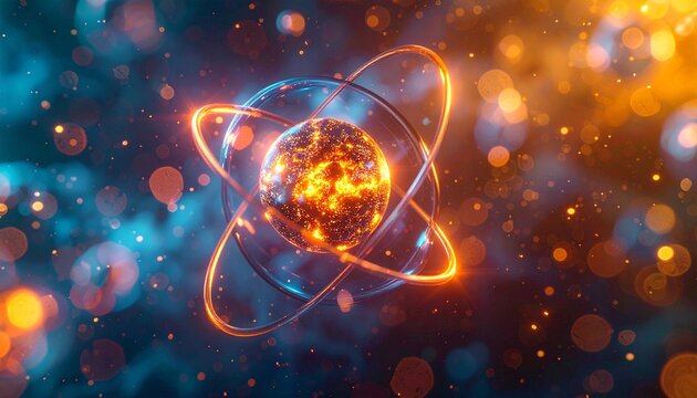 Abstract Atom Illustration with Glowing Orbitals and Energy Core.