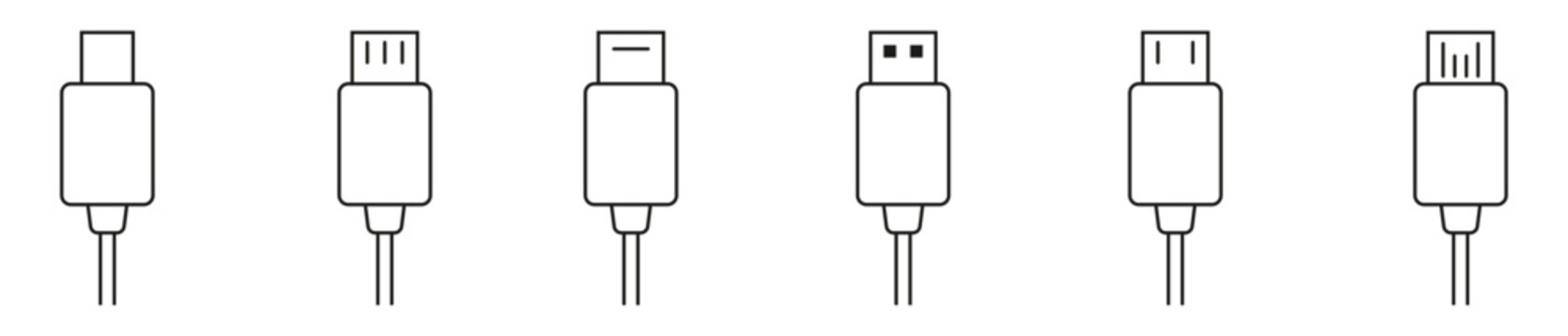 Various modern technology data cable connector outline icons set including USB and HDMI types