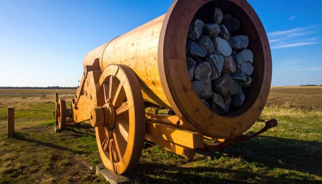 Large wooden trebuchet counterweight basket filled with heavy gray stones in an open field, showcasing authentic medieval siege engine mechanics and ancient military technology on a sunny day.