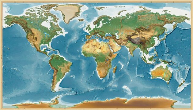 Detailed World Map Depicting Continents and Oceans.