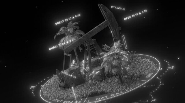 Futuristic Oil Pump Jack on Island with Floating Crude Oil Price Tickers Loop	
