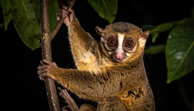 Adorable slow loris with large round eyes and thick brown fur gripping a vertical tree branch at night, cinematic widescreen shot of a rare primate in its natural tropical jungle habitat.
