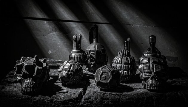 Collection of hand forged iron mace heads with fluted and hexagonal designs including skull shapes, presenting a cinematic and moody monochromatic banner for historical or fantasy concepts.