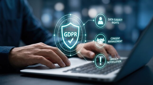 GDPR Data Privacy and Corporate Compliance Concept: Professional Hands over Laptop with Holographic Security Shield, Consent Management, and Breach Notification Interface