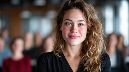 Fototapeta premium A confident young woman smiles while seated at a conference, with a blurred audience behind her, capturing the essence of professional networking and engagement.