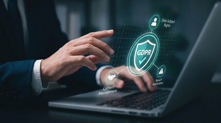 Fototapeta premium GDPR Data Privacy and Corporate Compliance Concept: Professional Hands over Laptop with Holographic Security Shield, Consent Management, and Breach Notification Interface