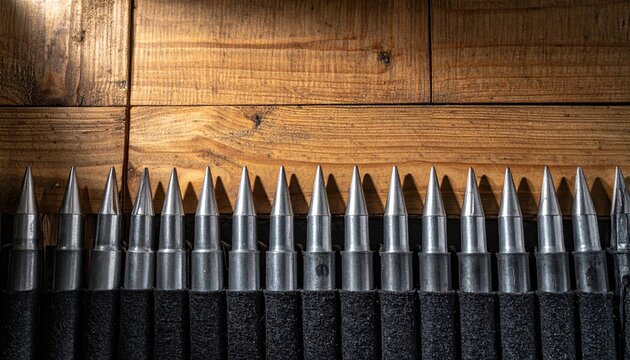 Collection of organized steel crossbow bolts with triangular heads arranged in a parallel row on a wooden background, creating a powerful cinematic banner with a rustic and historical aesthetic.