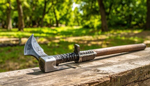 Sharpened steel halberd head with axe blade and piercing point on weathered wooden surface, featuring a cinematic widescreen composition with blurred lush green forest background scenery.