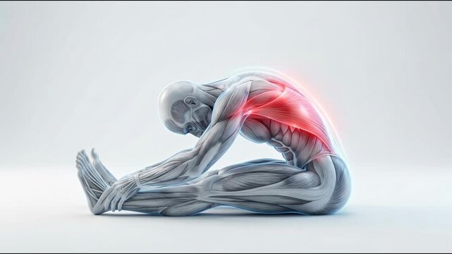 3D medical animation of a human male figure performing a seated forward fold stretch with glowing red highlights on the back muscles and spine for fitness or physical therapy.