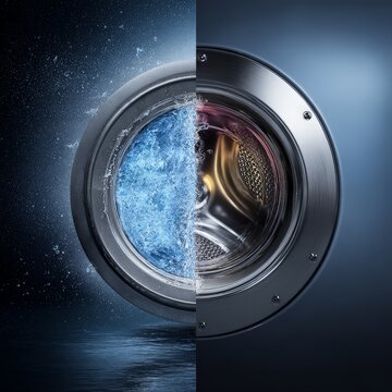 Close-up of washing machine drum showcasing water and air exchange.