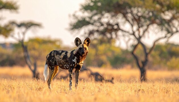 Stunning African wild dog with unique mottled coat and large round ears standing in the golden light of the grassy savanna, capturing the essence of the wild in a cinematic widescreen banner.