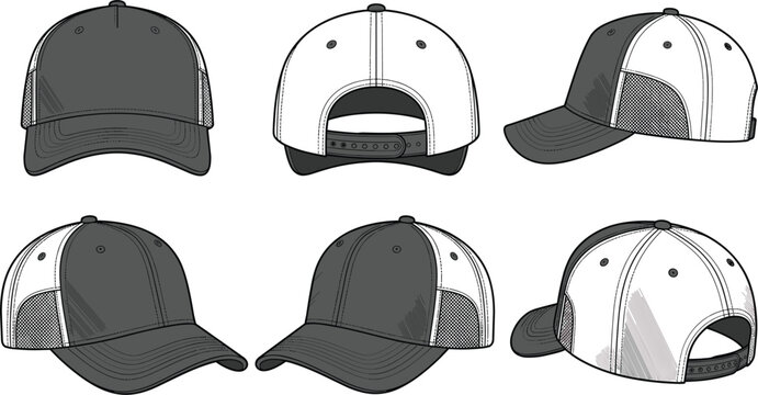 Trucker cap technical mockup set with mesh back shown from front side and back views vector illustration template, 18 words.