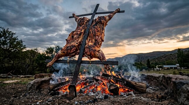 Argentine Asado &mdash; Whole Lamb Cross-mounted over Glowing Embers Outdoor Grill
