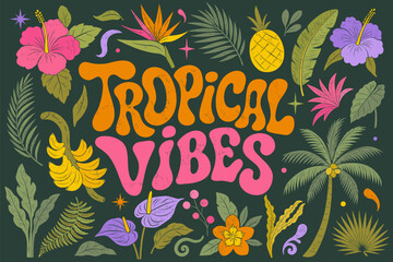Tropical poster, invitation, frame in retro style with palm, flowers, fruits and leaves. Exotic summer template with text and dark background © Hanna ArtLab