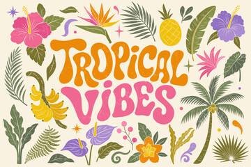 Tropical poster, invitation, frame in retro style with palm, flowers, fruits and leaves. Exotic summer template with decorative text and texture © Hanna ArtLab
