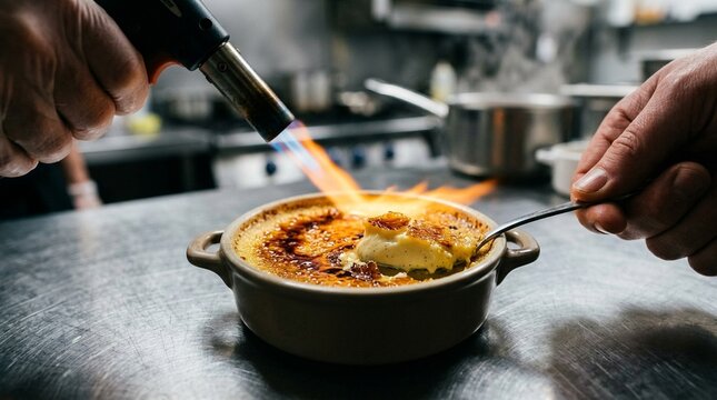 Chef Using Blowtorch on Cr&egrave;me Br&ucirc;l&eacute;e &mdash; Sugar Caramelising with Flame Pastry Close-up