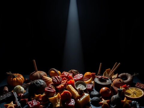 Midnight feast depicted with stark light piercing a dark, textured tableau of fragmented edible forms, sculpted by shadow,  food texture,  fragmented