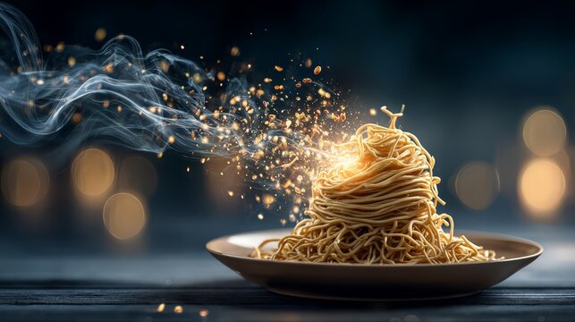 Healthy organic food clean eating natural nutrition wellness lifestyle fresh ingredients.
Delicious plate of steaming noodles with magic sparks and smoke.