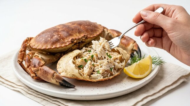 Dressed Whole Crab in Shell &mdash; Brown and White Crab Meat on Shell Plate with Lemon