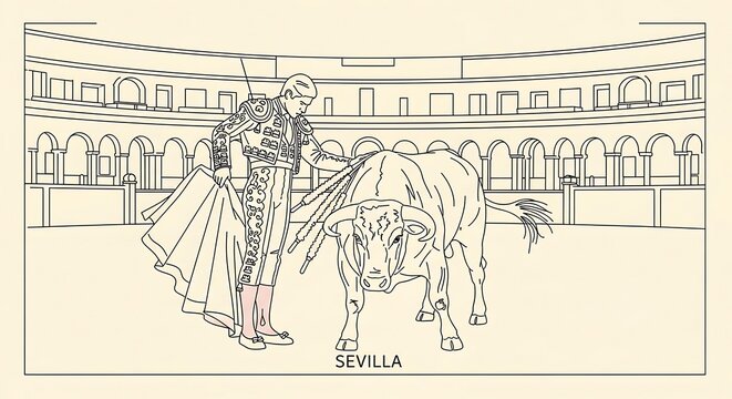 Spanish bullfighter and bull in the Seville bullring arena minimalist line art vector illustration