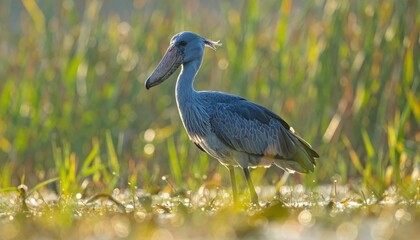 Fototapeta premium A magnificent shoebill stork stands among lush marsh grass, its iconic shoe shaped beak and blue grey feathers illuminated by the warm golden light of a cinematic sunrise over the wetland.