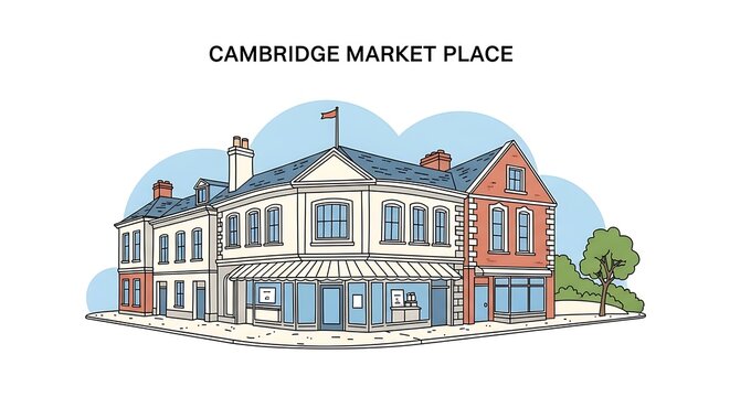 Architectural line art illustration of the Cambridge Market Place storefronts in the UK