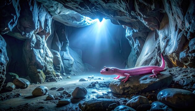 A rare pink olm salamander rests on a wet river rock inside a dark limestone cavern with bright blue light rays, capturing the mysterious beauty of subterranean aquatic life in a cinematic scene.