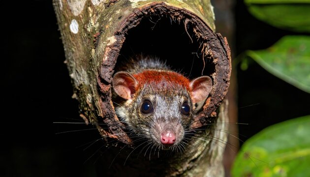 Vibrant red crested tree rat with long whiskers peeks out from a hollow tree trunk in the tropical rainforest. This rare rodent showcases its unique reddish mane in a cinematic 16 to 9 widescreen.
