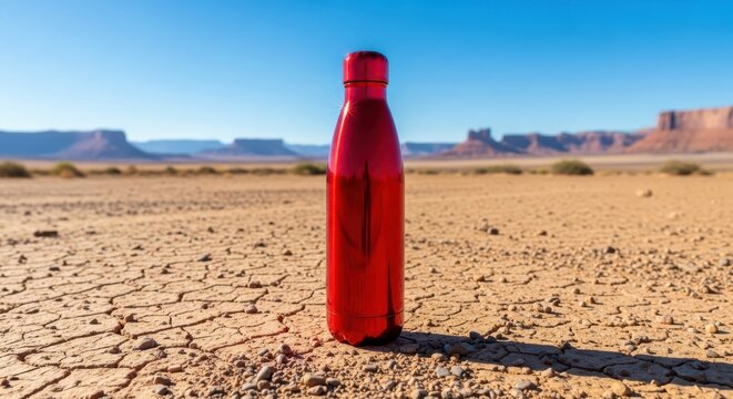 Red reusable water bottle in desert landscape, metallic vacuum flask on dry cracked earth, hydration and survival concept in arid canyon environment