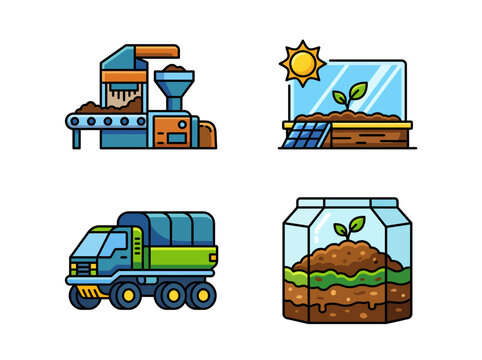 An animated set of farming icons representing agriculture machinery and sustainability practices, illustrating important elements for modern farming and growth processes.