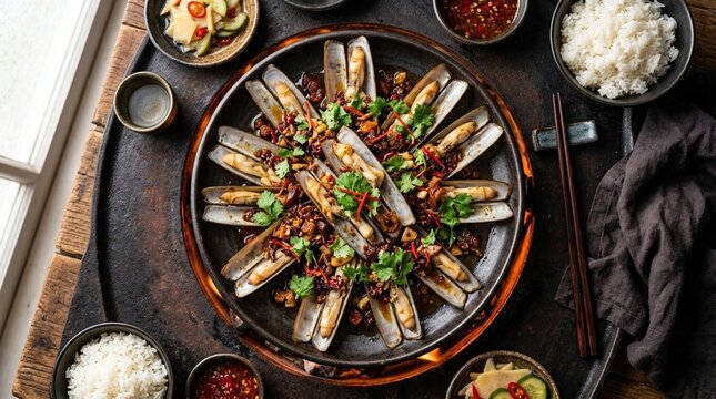 Razor Clams with XO Sauce and Coriander on Dark Plate &mdash; Chinese Steamed Shellfish
