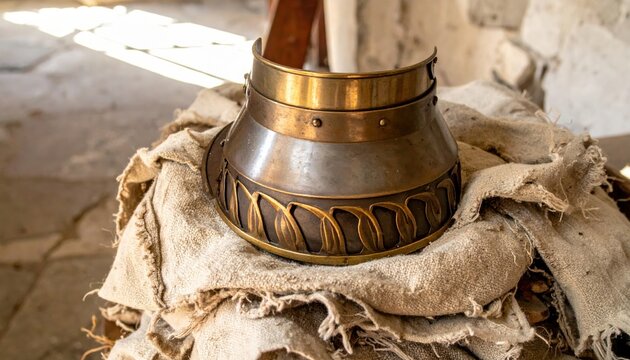 A handcrafted bronze trimmed steel gorget for neck protection rests on a pile of rough linen in a cinematic widescreen composition, highlighting the intricate details of medieval armor craftsmanship.