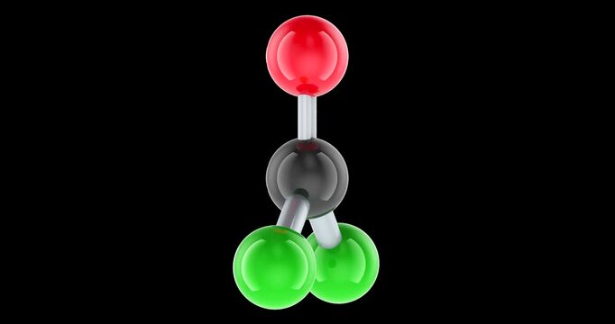 Phosgene molecule model rotation animation seamlessly loopable. 3D rendering isolated on transparent background