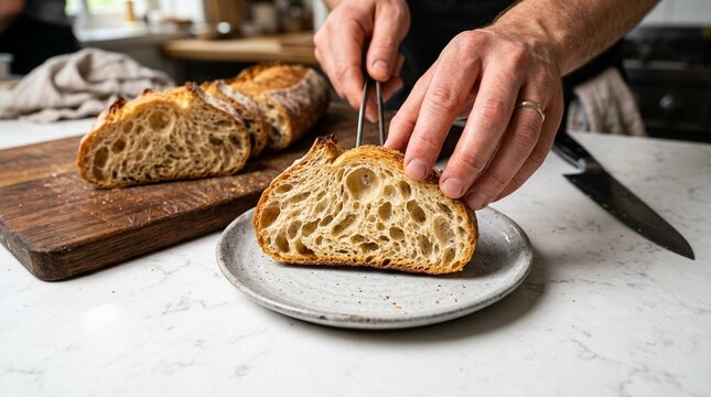 Sliced Baguette on Board &mdash; Interior Open Crumb Visible French Bread Side Profile