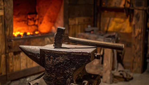 Rugged forged iron hammer with a square head and long wooden handle resting on a heavy blacksmith anvil inside a rustic workshop, featuring a glowing furnace in a widescreen cinematic composition.
