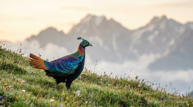 A male Himalayan Monal stands majestically on a lush green grassy slope during sunrise with snow capped mountain peaks and clouds in the background, showcasing its vibrant iridescent feathers.