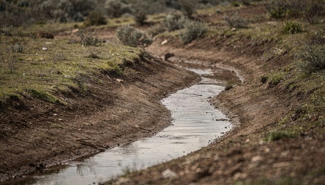 Swale contour sharply captured highlighting water drainage and surrounding blurred landscape to emphasize runoff protection.