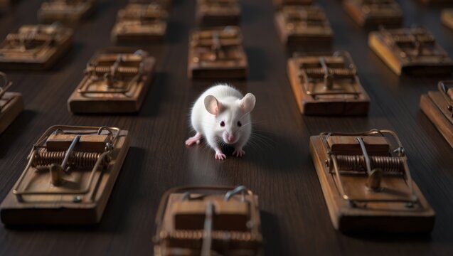 A close-up view of a white mouse navigating through a series of wooden mouse traps on a dark brown surface, conveying a sense of caution and survival instinct