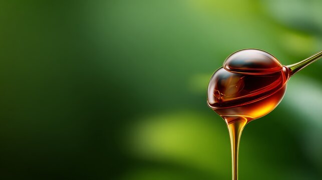 Golden honey droplet glistening on a green background.