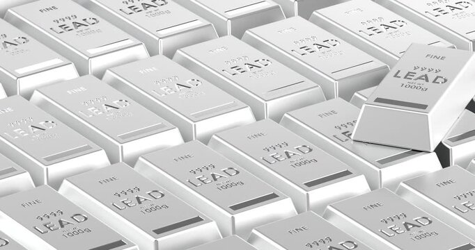 Lead ingots background 3D animation, camera flyover over. 3D rendering