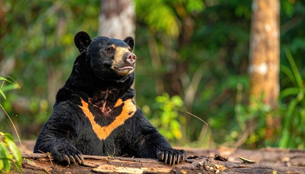 Malayan Sun Bear with black fur and bright orange crescent chest patch sits on a log in a lush tropical forest, this cinematic wide shot captures the beauty of Southeast Asian wildlife.