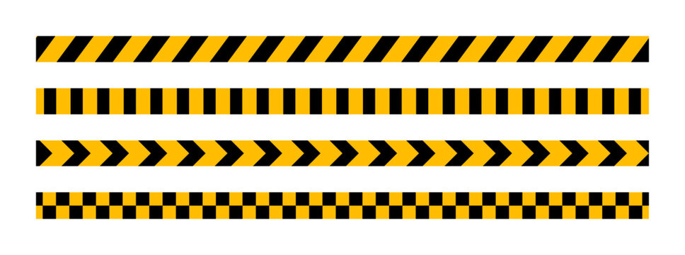 Vector Yellow and black barricade tape set. Yellow and black warning tape designs collection. Construction hazard and safety caution borders set. Industrial danger stripes and checkered pattern ribbon
