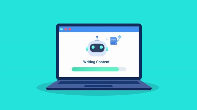 Animated illustration of a laptop displaying robotic content writing process, suitable for artificial intelligence and digital communication concepts.