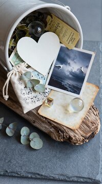 Bucket spilling keepsakes with heart and seascape print