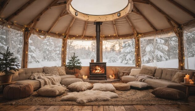 Intimate yurt space with circular skylight and rustic decor soft focus on snowy landscape beyond the canvas walls creating a serene winter vibe.