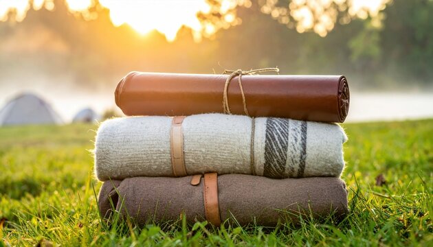 A stack of thick, rustic woolen blankets and leather bedrolls tied with hemp cord sits on a lush green field during a cinematic golden hour sunset, perfect for outdoor camping and bushcraft adventures