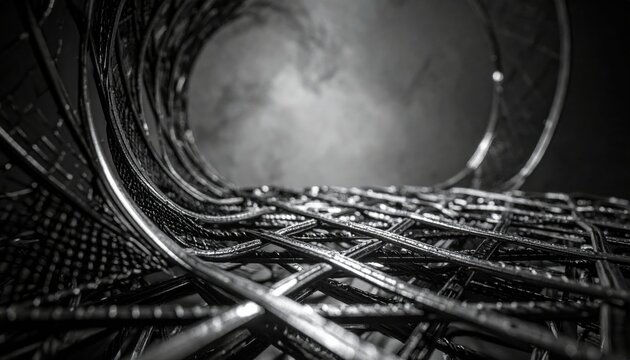 Interwoven metallic wire mesh creating intricate geometric patterns and curves, this cinematic cinematic widescreen composition displays industrial texture and chrome reflections on dark.